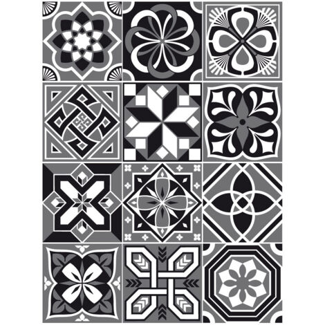 Planche de 12 Stickers Carreaux de Ciment Mosicblack – Autocollants Muraux Décoratifs Noir et Gris – 15 x 15 cm