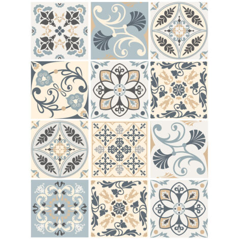 Planche de 12 Stickers Carreaux de Ciment Royal Beige – Autocollants Muraux Décoratifs Beige Naturel – 15 x 15 cm
