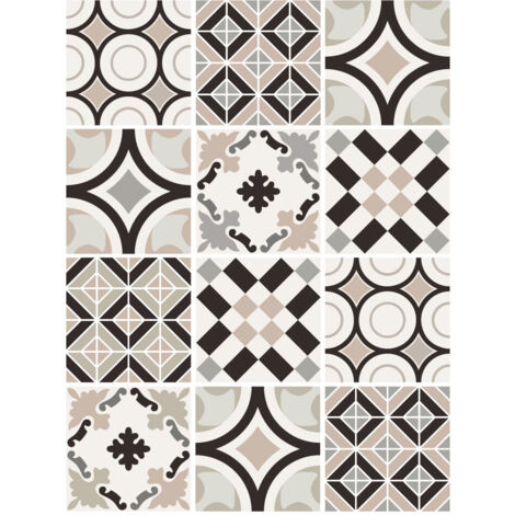 Planche de 12 Stickers Carreaux de Ciment Seventy Pastel – Autocollants Muraux Décoratifs Beige Rosé – 15 x 15 cm
