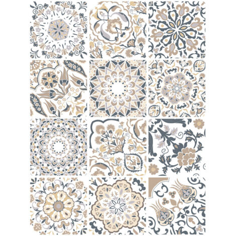Planche de 12 Stickers Carreaux de Ciment Thistle – Autocollants Muraux Décoratifs Beige, Gris et Blanc – 15 x 15 cm