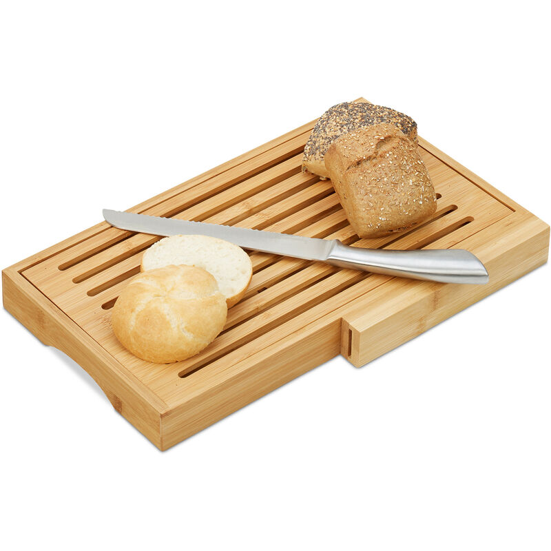Planche à pain bambou, range-couteaux, couteau en inox, cuisine, planche à découper, HxlxP: 4x40x24 cm, nature - Relaxdays