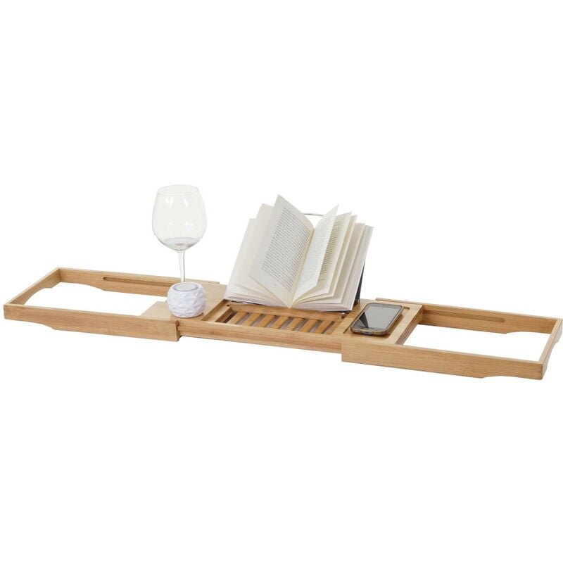 Planche pour baignoire HWC-B77, rack de dépose, support baignoire, bambou, extractible 19x105x22cm