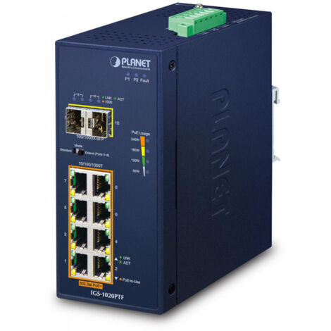 PLANET Technology Planet IP30 Ind 8-P 10/100/1000T 802.3at PoE+ 2-Port 100/1000X - Switch - 20 Gbps (IGS-1020PTF)