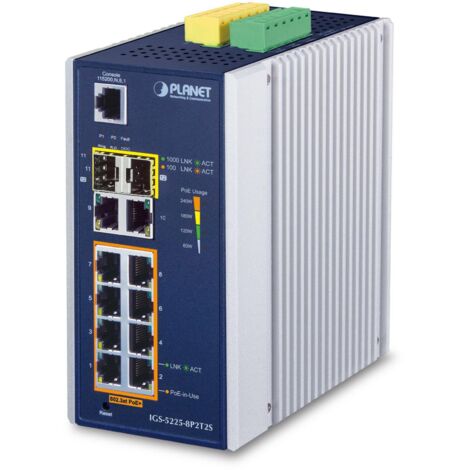PLANET Technology Planet IP30 Industrial L2+/L4 8-Port 1000T 802.3at PoE + 2-Port, IGS-5225-8P2T2S (1000T 802.3at PoE + 2-Port 10/100/1000T + 2-Port 100/1000X SFP Full Managed Switch (-40 to 75 C, Dua