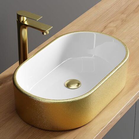 Planetmöbel Aquil Lavabo ovale élégant  Lavabo à poser pour salles de bains et toilettes invités  Lavabo sans trou de robinetterie ni trop-plein  Blanc doré, 55 x 34 x 14 cm