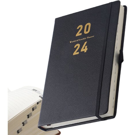 ORMROMRA Planificateur 2024, calendrier académique 5,4" x 8,3", agenda quotidien et mensuel avec porte-stylo, couverture rigide en cuir végétalien noir