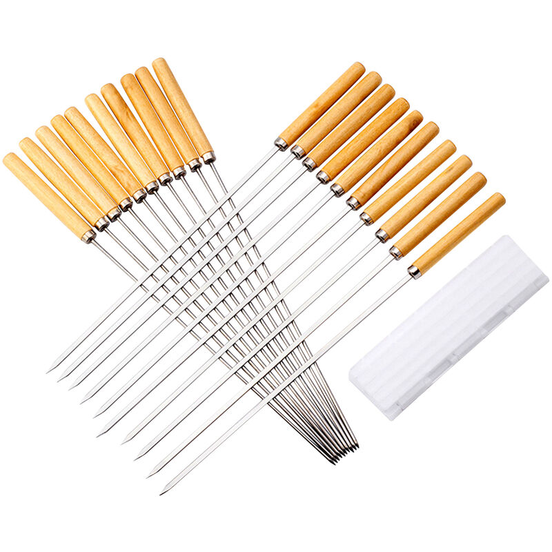 

Plano 10pcs + redondo 10pcs Aguja de acero Mango de madera Palo de barbacoa, Conjunto de senal de barbacoa