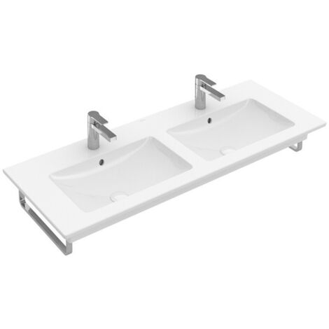 Plans de toilette doubles, 1300 x 500 mm, Angulaire, pour deux robinetteries à 3 trou s, trou s de robinetterie centraux percés,avec trop-plein, En porcelaine sanitaire Blanc CeramicPlus