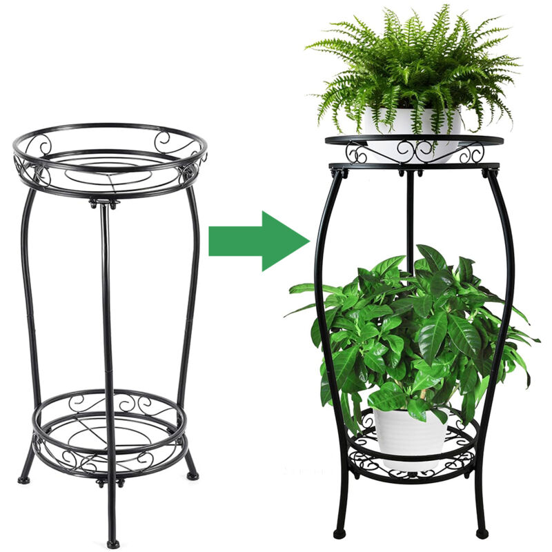 Porte plantes Stand d'usine à l'intérieur à l'extérieur, Supports étagère d'usine stables en métal noir haut, 2 étagères plantes de 27 pouces