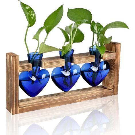 Plant Terrarium Propagation Stations Hydroponics Home Garden Decoration Gift for Women with Wooden Stand Heart Shaped Colored Glass Vase