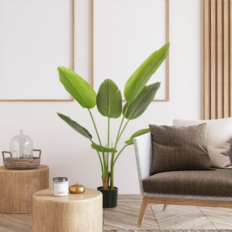 Planta Artificial Decorativa 109 cm Bananera Artificial con Maceta y Hojas para Interior Verde