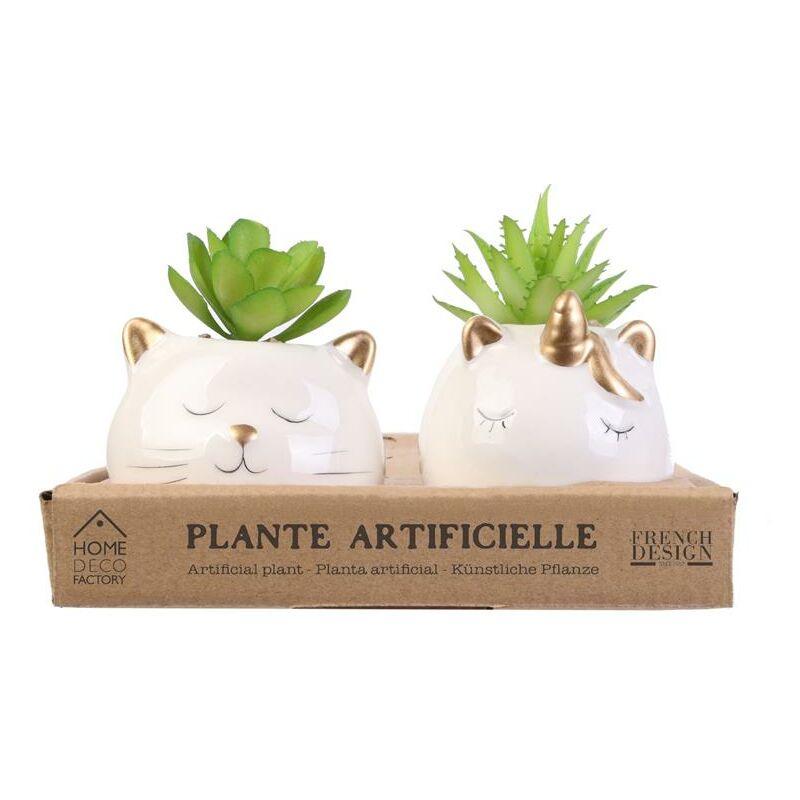 Mobilibrico - Plante Artificielle Chat Et Licorne Ceramique 6 D86 - blanc dore