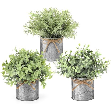 Plante Artificielle - Eucalyptus Faux - Pot Métallique Galvanisé - Décor Intérieur Salle de Bain Cuisine Bureau - Lot de 3