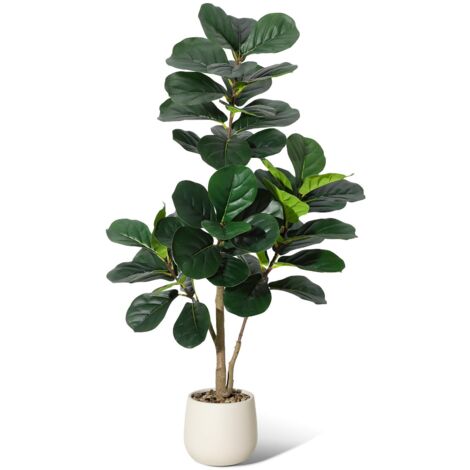 Plante Artificielle Ficus Lyrata 120 cm - Pot Blanc, Gravier & Mousse Inclus - Décoration Intérieur Maison Chambre