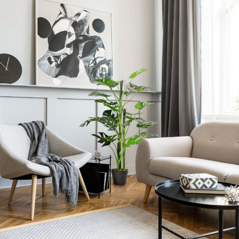 Plante artificielle modèle Monstera avec 21 feuilles en pot ciment. intérieur ou extérieur. dim. Ø16 x 100H cm