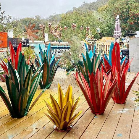 Plante d'agave en métal, pour la décoration de jardin, rouge, sculpture rustique de Tequila, adaptée pour l'intérieur, ornements de pelouse（27cm,Bleu émeraude）