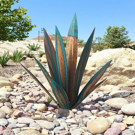 Plante d'agave en métal, pour la décoration de jardin, rouge, sculpture rustique de Tequila, adaptée pour l'intérieur, ornements de pelouse（35cm，Bleu jaune）