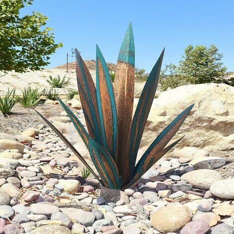 Plante d'agave en métal, pour la décoration de jardin, rouge, sculpture rustique de Tequila, adaptée pour l'intérieur, ornements de pelouse（35cm，Bleu jaune）