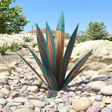 SHINING HOUSE Plante d'agave en métal, pour la décoration de jardin, rouge, sculpture rustique de Tequila, adaptée pour l'intérieur, ornements de pelouse（35cm，Bleu jaune）