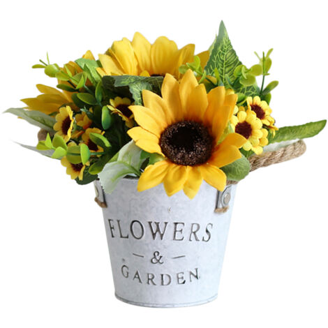 Plante en Pot de Tournesol de Simulation, Pot de Fleurs Artificielles de Corde de Sisal Rugueux de Seau de Bidon Vintage de Tournesol (X)