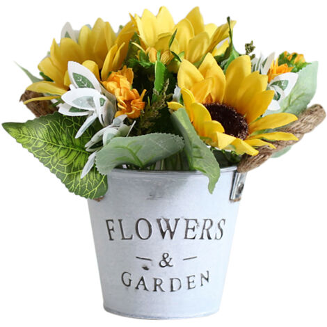 Plante en Pot de Tournesol de Simulation, Pot de Fleurs Artificielles de Corde de Sisal Rugueux de Seau de Bidon Vintage de Tournesol (Z)