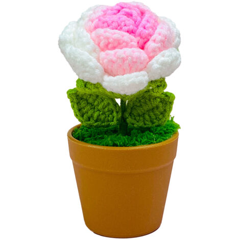 Plante en Pot Décorative - Fleur Artificielle Rose Gradation à la Main - Bouquet de Fleurs en Laine Tressée pour Saint Valentin ou Fête des Mères