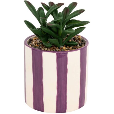 Plante grasse artificielle dans un pot en céramique à rayure mauve H 16.5 cm - Atmosphera