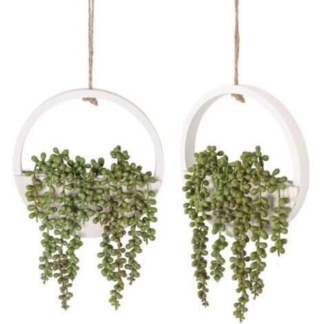 Plante succulente Artificielle à Suspendre - 20 cm - dans Un Pot en Bois - Décoration Murale intérieure et extérieure (Blanc, 2 pièces)