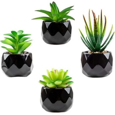 Plante verte artificielle succulente en pot – Lot de 4 petites plantes décoratives – Matériau céramique durable – Entretien facile