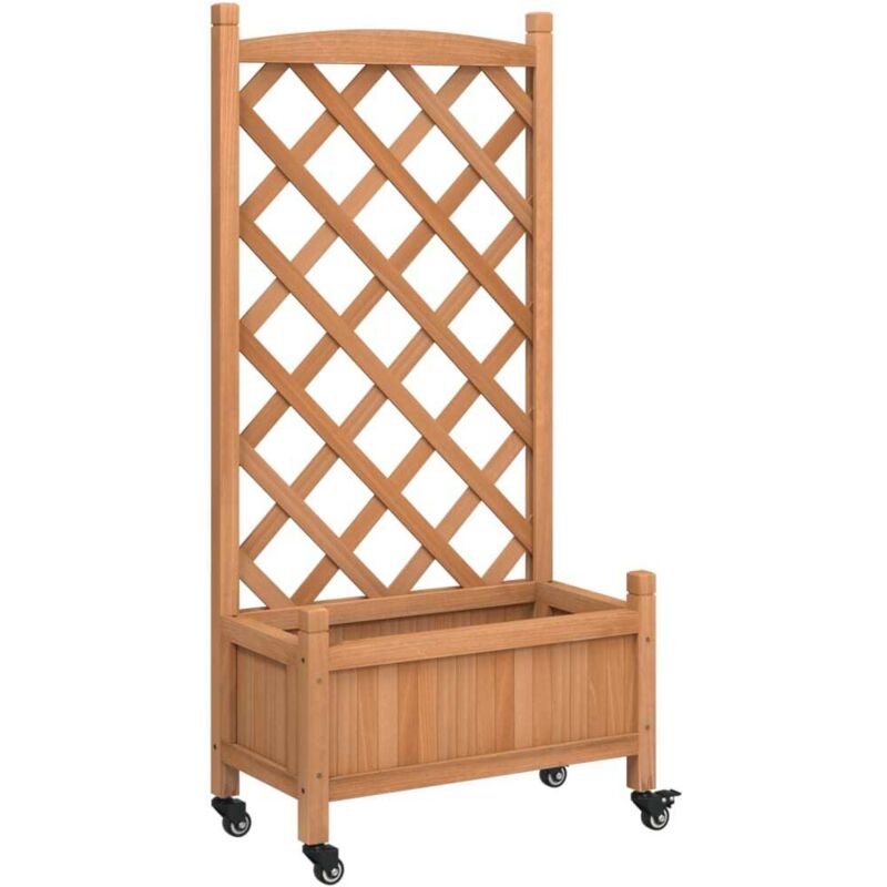 Planter With Trellis And Wheels Brown Solid Wood Fir Vidaxl