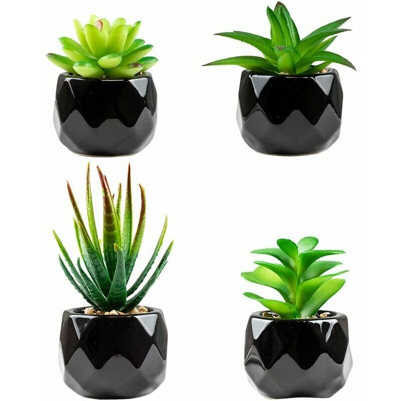 Plantes artificielles d'intérieur en pots, plantes artificielles d'extérieur Mini plantes succulentes vertes en céramique noire esthétique pour salle