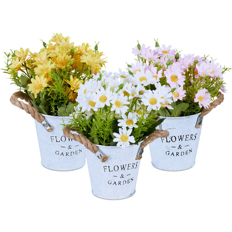Relaxdays - Plantes artificielles en pot, lot de 3, chrysanthèmes, fausses fleurs, h x d: 20 x 15 cm, jaune - blanc - rose