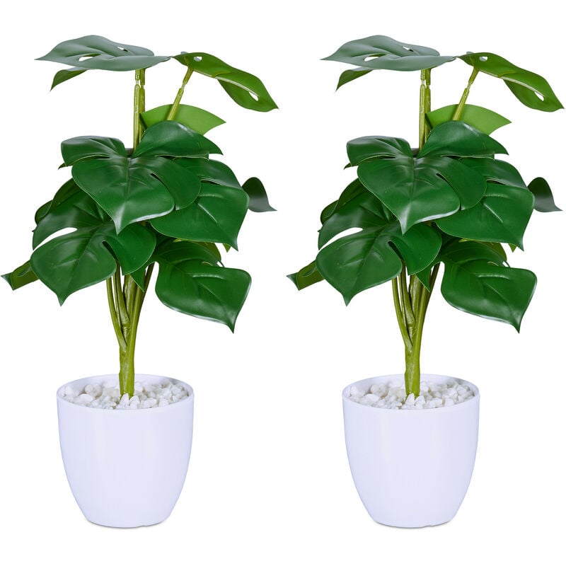 Plantes artificielles, lot de 2 fausses fleurs, en pot, monstera décoratives, h x d : 33 x 20 cm, vert - blanc - Relaxdays