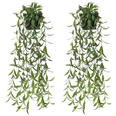 Plantes artificielles suspendues 2 pièces, fausses plantes de décoration murale intérieure, petites feuilles de thé vert clair spray blanc