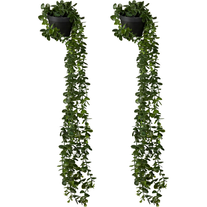 Plantes Artificielles Suspendues, Lot de 2, Eucalyptus Réaliste en Pot, Décor pour intérieur, Vert/Noir - Relaxdays