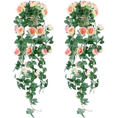 Plantes artificielles suspendues - Guirlande de roses artificielles en soie, lierre en rotin pour décoration murale de jardin, mariage (Lot de 2 - Champagne)
