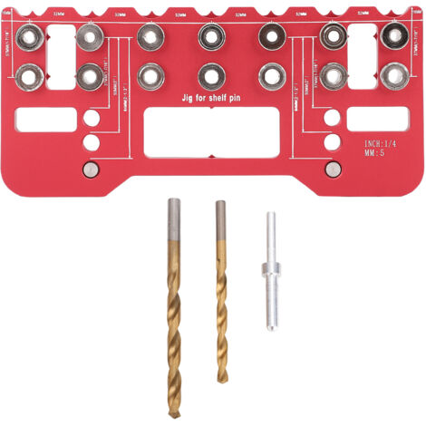 Plantilla de perforación ajustable para tiradores de puertas de estantes, herramienta de carpintería para muebles y armarios. Color rojo.