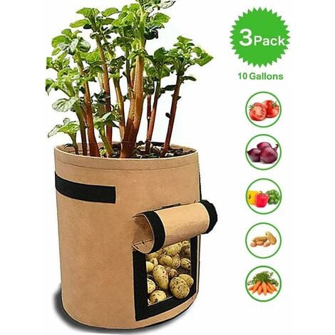 Planting bags for potatoes, tomatoes and other vegetables, breathable fleece fabric, planter with flap, velcro closure and handle, 3 pieces, garden, khaki