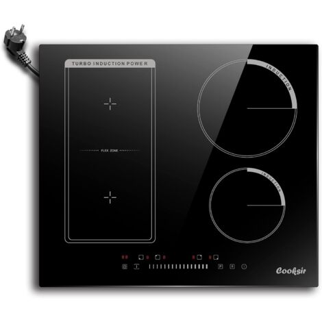 Plaque à Induction 4 Feux avec Prise,Plaque de cuisson électrique, 60cm, 3500W, Encastrable 4 Foyers avec Zone Flexible, 9 Niveaux de Puissance, Cooksir