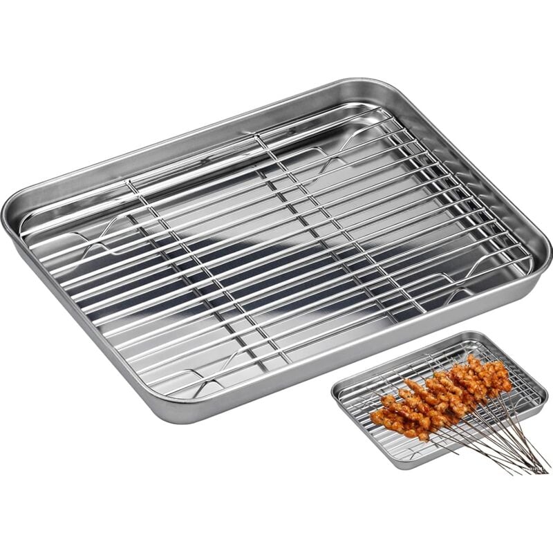 Plaque à Patisserie + Grille de Refroidissement, 26,5 x 20 x 2,5 cm Plaque de Four Universelle en Acier Inoxydable Plaque de Cuisson Rectangulaire