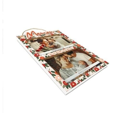 PLAQUE CADRE DOUBLE PHOTO BOIS MAMAN 18X28.5CM Rose, Fuchsia
