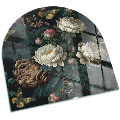 Plaque Carrée décorative de protection avec impression graphique en verre trempé sous cheminée Motif floral avec papillons 100x100 cm
