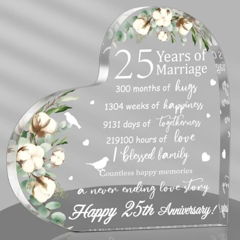 Plaque cœur acrylique souvenir mariage  Cadeau anniversaire de mariage 25 ans pour femme, couple  Noces d'argent – Style 25ᵉ année pour épouse, mari, amoureux