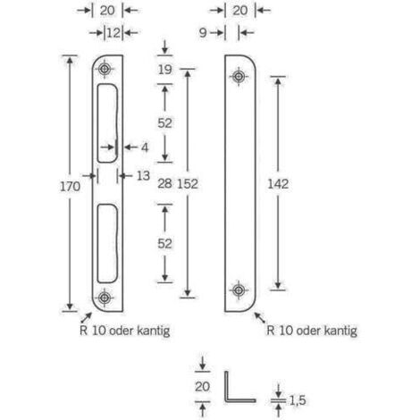 Plaque d'angle porte serrure 170mmDIN R+L 20mm rd.Nickel-si