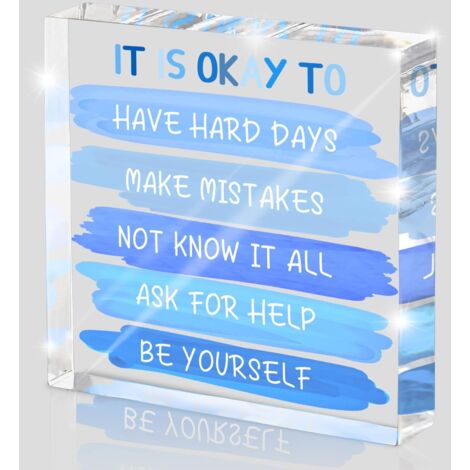 Plaque de bureau « C'est OK de... » (Santé mentale) – Décoration d'affirmation en acrylique bleu (4 x 4 pouces) pour femmes, décoration de cabinet de thérapie, cadeaux pour l'autocompassion