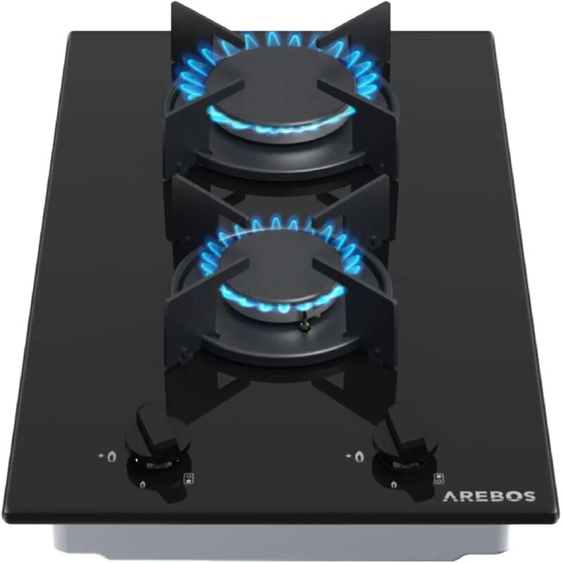 Plaque de cuisson Cuisinière à gaz de 2 flammesVitrocéramique Grilles et veilleusede sécurité inclusesConvient pour le gaz - Arebos