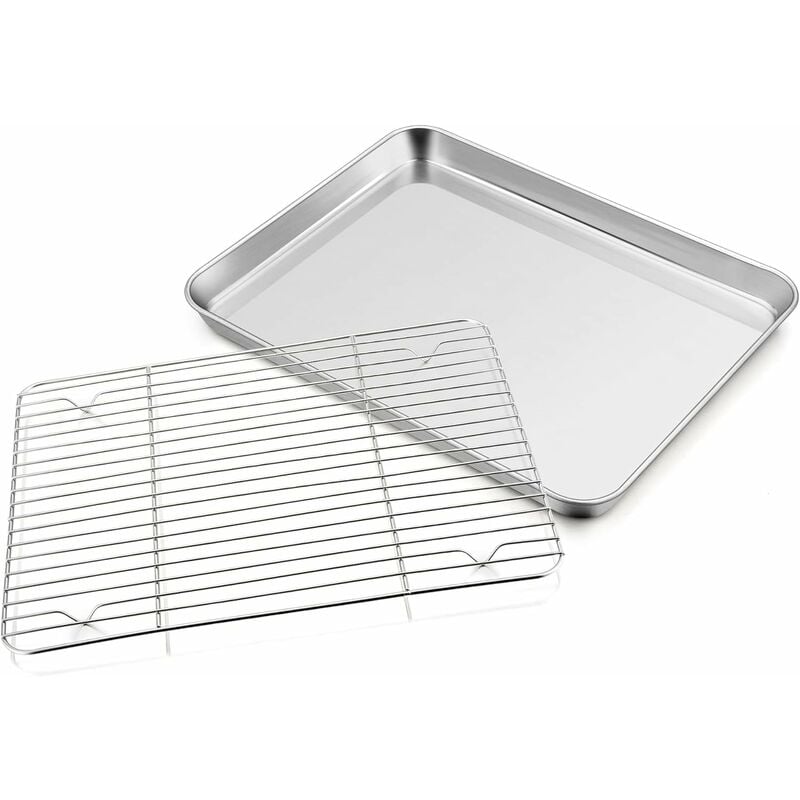 Fortuneville - Plaque de cuisson avec grille de refroidissement, grande plaque de cuisson en acier inoxydable et grille à gâteau, 40 x 30 x 2,5 cm,