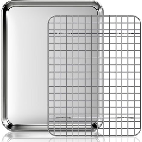 Plaque de Cuisson avec Grille de Refroidissement: un lot Plaques et Grilles pour Cuisson au Four en Acier Inoxydable, Plat Four pour Rôti la Maison Cuisine Barbecue 31,5x24,5x2,5cm