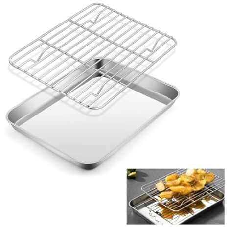 Plaque de Cuisson en Acier Inoxydable avec Grille de Refroidissement 26x20,5x2,5cm Bac Cuisson, Plaque à Pâtisserie avec Grille Plaque de Cuisson de Refroidissement, Plaque Pâtisserie et Grille