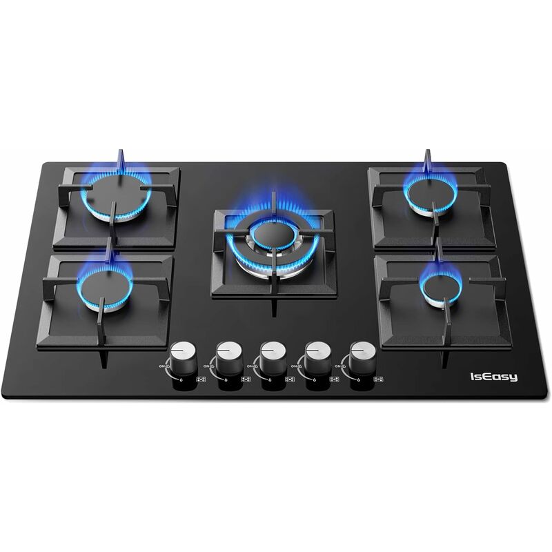 Iseasy - Plaque de Cuisson Gaz 5 Feux Encastrable, Table de Cuisson à Gaz 5 Feux, Cuisinière à gaz, Plaque à Gaz 5 feux